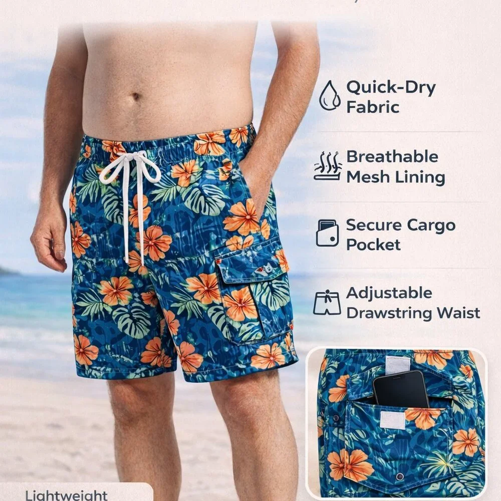 Men’s 6-Pack Swim Trunks Mesh Lining Cargo Pockets Beach Board Shorts Assorted - Picture 3 of 4